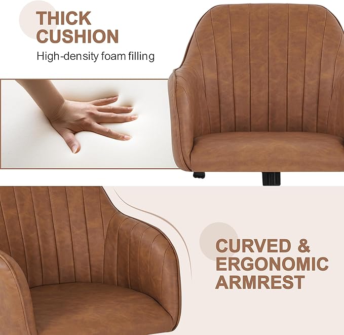 Yaheetech Modern Faux Leather Desk Chair Makeup Chair Height Adjustable Swivel Office Task Computer Armchair for Living Room Retro Brown