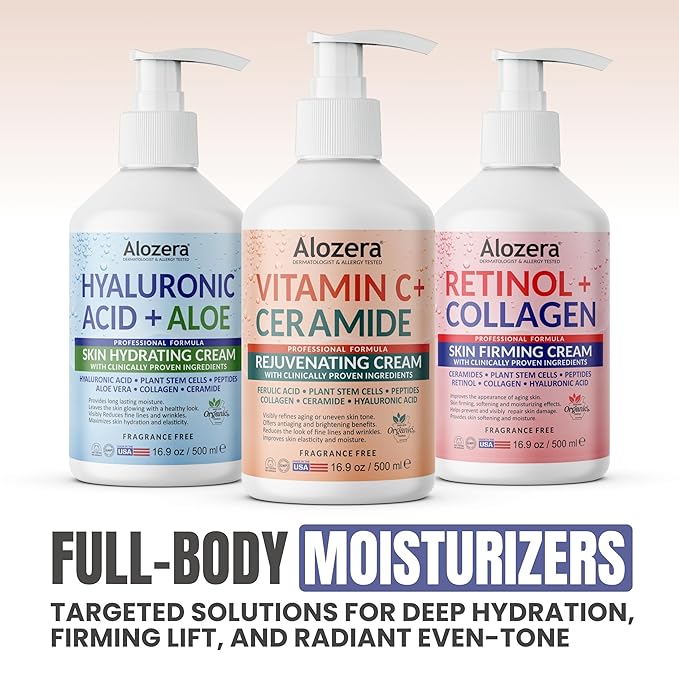 Alozera Vitamin C Ceramide Moisturizer Cream, Rejuvenating Face & Body Lotion with Plant Stem Cell, Helps Brighten and Even Skin Tone, Non-Greasy, Lightweight, Fragrance-Free, 16.9 oz