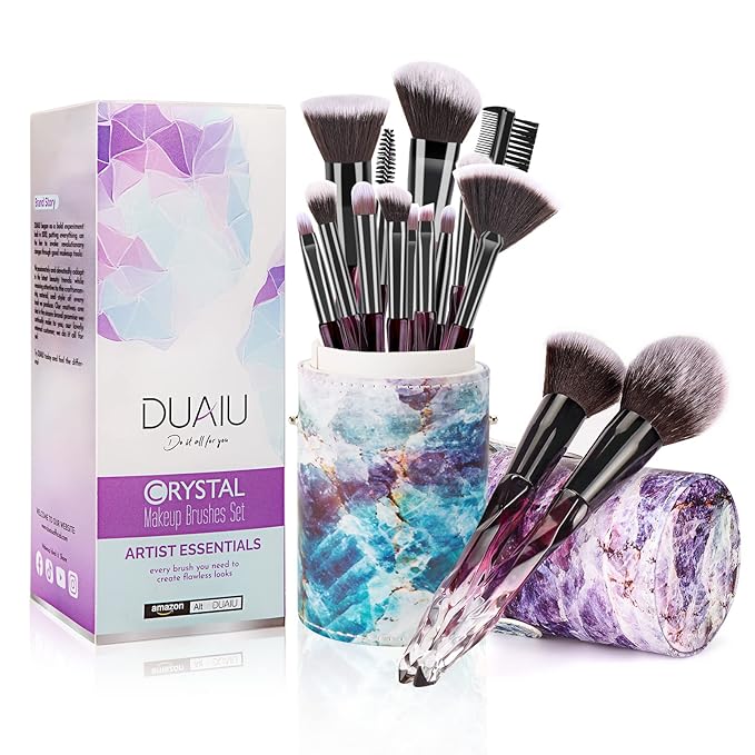 DUAIU Makeup Brushes 15pcs Premium Synthetic Bristles Crystal Handle Set Kabuki Foundation Brush Face Lip Eye Makeup Brush Sets Professional with Starry Gift Box (Purple)