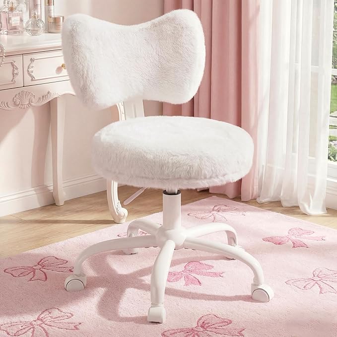 Vanity Chair with Back, Swivel Chair with Wheels & Adjustable Height, Fluffy Faux Rabbit Fur Comfy Desk Chair for Vanity, Make-up Room, Bedroom, Dorm, Cute Bow Backrest, White