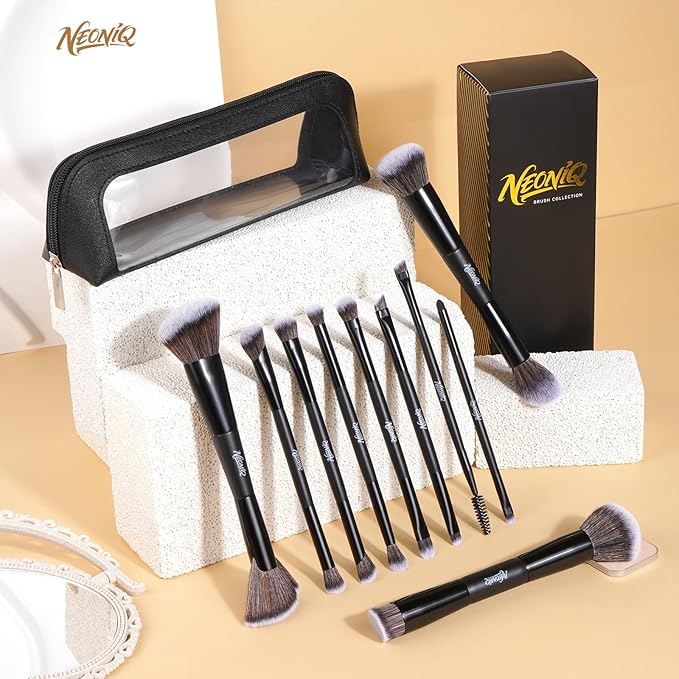10 PCS Travel Makeup Brush Set With Bag, Makeup Brushes, Double-End Multi-functional Brushes for Foundation Powder Blush Eyeliner Eyeshadows, Professional Face Brush Set（Black）