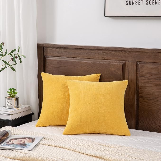GAWAMAY Decorative Square Throw Pillow Covers 18"x18" Inch Set of 2, Super Soft Chenille Pillows Farmhouse Fall Pillowcase for Living Room Bedroom Sofa Couch Cushion Cover Mustard Yellow 45x45cm