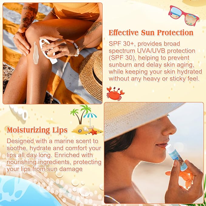 Demissle 24 Sets Mini Sunscreen and Sunscreen Lip Balms Bulk Spf 30 Travel Size with Carabiner Clip-on Lip Balms Packets for Summer Wedding Bridal Baby Shower Party Favors Gifts(Beach)