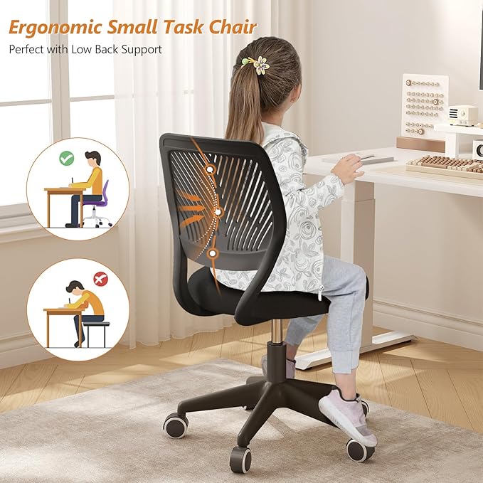 Armless Desk Chair, Height Adjustable Swivel Office Rolling Task Chairs with Soft Mesh Padded Cushion, Ergonomic Small Study Computer Chair for Girls Boys Teens (Black, 1PC)