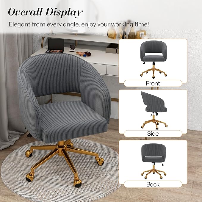 Home Office Swivel Desk Chair, Modern Corduroy Vanity Chair, Height Adjustable Armchair with Gold Base, Ergonomic Office Chair for Task Study Computer Room, Gray