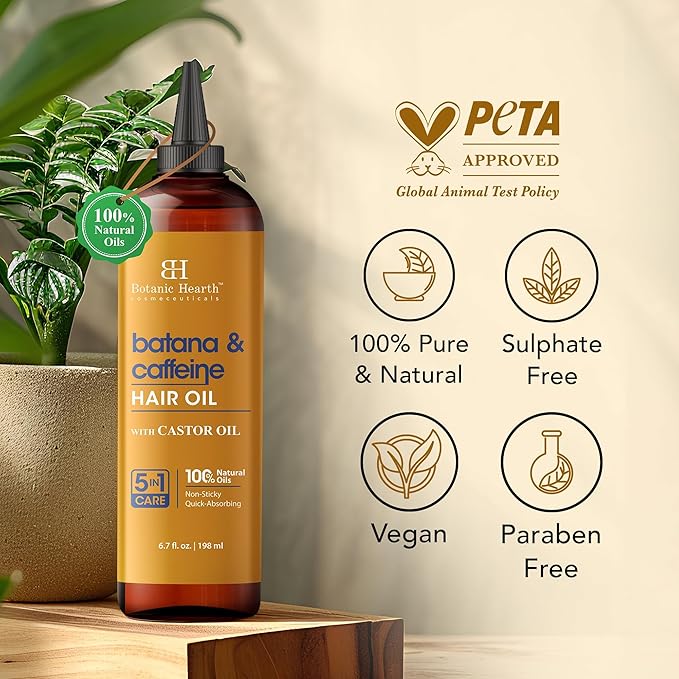 Botanic Hearth 100% Pure Batana & Caffeine Oil For Hair Growth & Hair Treatment Oils 6.7 Fl oz | Infused with coconut Oil | Hair Oil Repairs Dry Damaged Hair, Strengthening, Healthier|All Hair Types