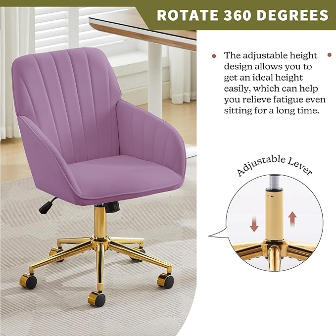 Velvet Home Office Desk Chair, Modern Cute Computer Task Chair with Back, Height Adjustable Upholstered Vanity Chair with Swivel Wheels for Women, Girls (Gold Base, Light Purple