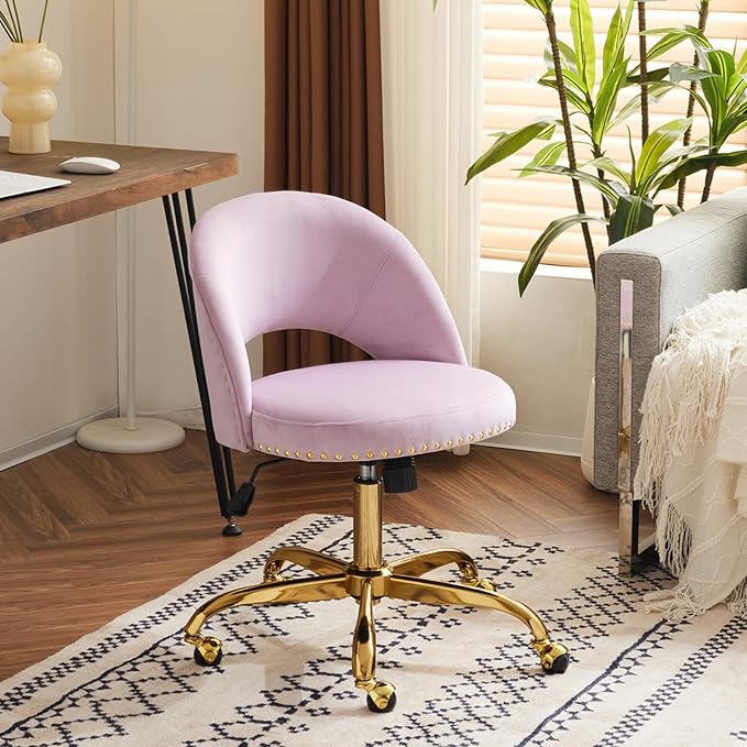 VINGLI Modern Velvet Small Office Chair,Cute Desk Chair With Wheels,Gold Base/Studs,Comfy Armless Swivel Vanity Task Chair For Women/Girl/Kids,Nail Tech Chair For Office,Small Space,Mauve Light Purple