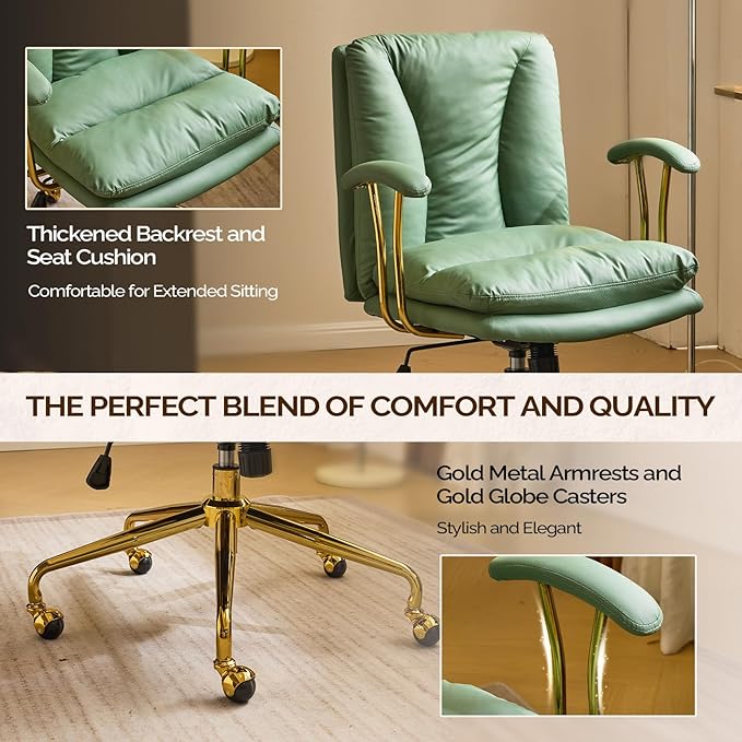 VINGLI Home Office Desk Chair Comfy with Wheels & Removable Armrests,Gold Base Vanity Chair with Back,Adjustable Rolling Swivel Computer Task Chair for Study,Makeup,Office,Cat Scratch PU,Green