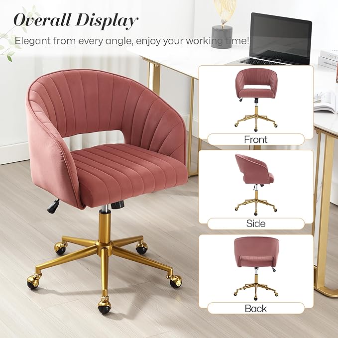 Home Office Swivel Desk Chair, Modern Velvet Vanity Chair, Height Adjustable Armchair with Gold Base, Ergonomic Office Chair for Task Study Computer Room, Rose