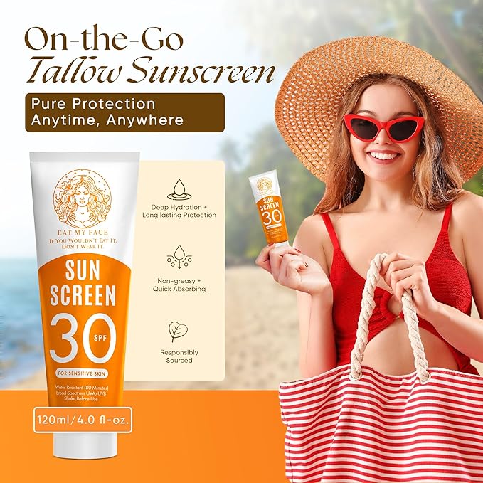 Eat My Face Tinted Beef Tallow Sunscreen SPF 30 – No White Cast, Natural Glow | Reef Safe Mineral Zinc Oxide | Water Resistant Sun Protection for Face & Body, 4 oz