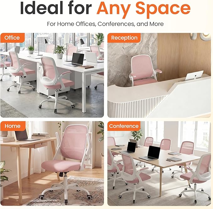 NEO Chair Office Chair Gaming Desk Computer Mesh Ergonomic Chair with Flip-up Arms Comfy Lumbar Support Adjustable Height Rolling Wheels Chair for Home Office (Pink)