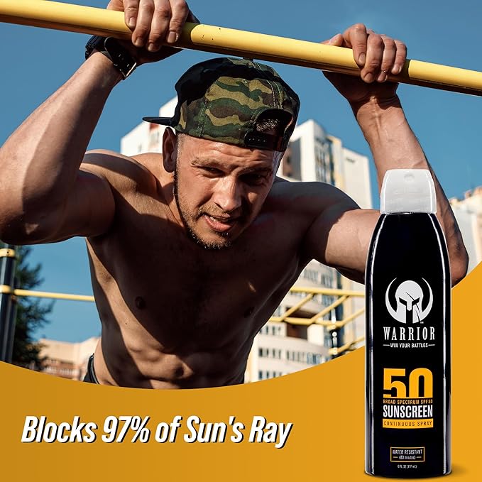 Warrior Sunscreen SPF 50 Continuous Spray - Water & Sweat Resistant Sunscreen Spray - Broad Spectrum Protection for UVA/UVB - Quick Dry Effective Formula, Field Tested – 6 Oz