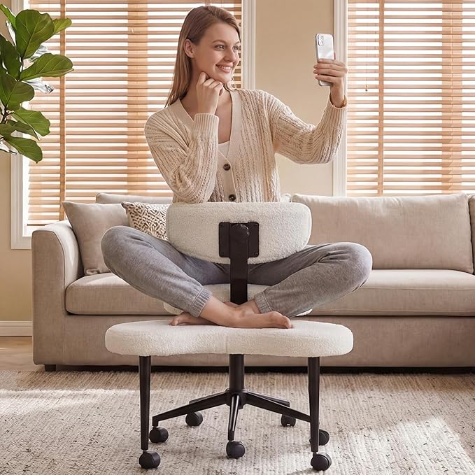 DUMOS Ergonomic ADHD Cross Legged Office Desk Chair with Adjustable Backrest, Height Adjustable Meditation Chair with 360° Swivel Footstool, Teddy Fabric Yoga Stool for Home Office, White