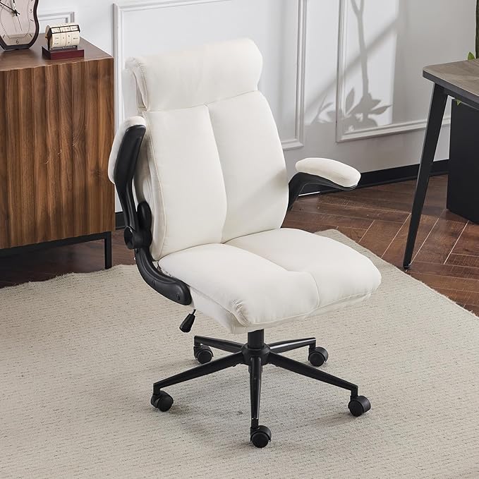 VINGLI Rolling Ergonomic Office Desk Chair with Padded Flip-up Arms, 360° Swivel High Back Executive Computer Task Chair with Wheels for Game，Home Small Space, Study Room, Reading Room, Linen White