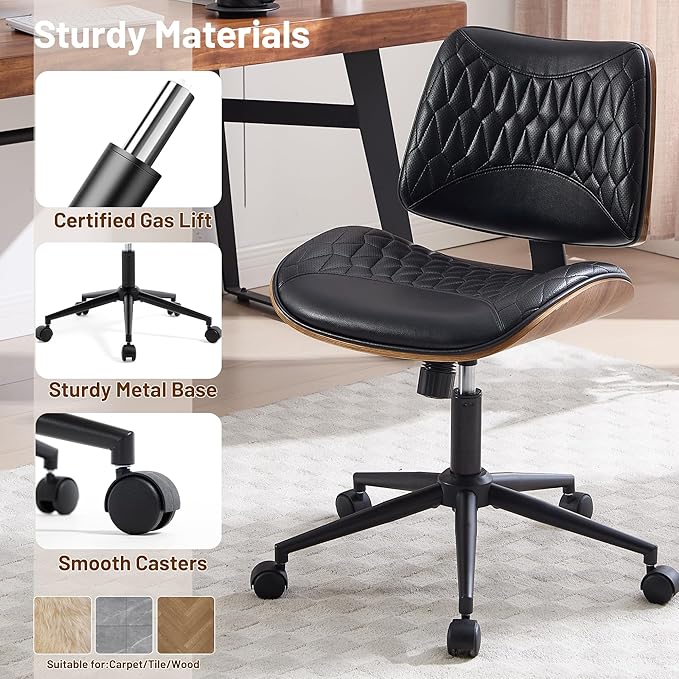 Walnut Bentwood Mid Back Armless Office Chair 2 Pack, Adjustable Height PU Leather Swivel Desk Chair with Wheels, Rolling Computer Task Chair for Home Office, Study, Meeting Room