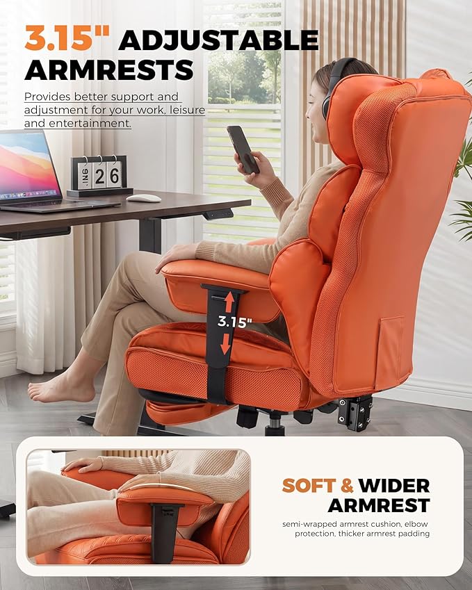 COMHOMA Big and Tall Office Chair with Upgrade Footrest, Heavy Duty Gaming Chair High Back Executive Chair with Spring Lumbar Support for Lower Back Pain Relief, 150°Reclining Adjustable Armrests