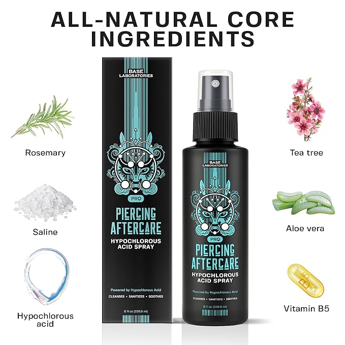 BASE LABORATORIES Piercing Aftercare Hypochlorous Acid Spray PRO - 8 OZ | Saline Solution Piercing Aftercare - Saline Spray for Ear Piercings, Bumps & Keloids | Ear, Nose, Belly - 2PK