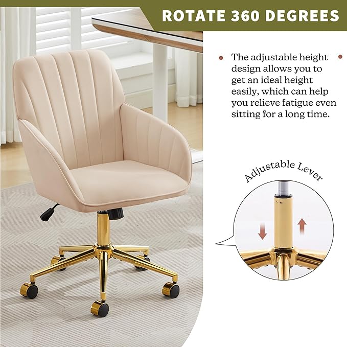 Velvet Home Office Desk Chair, Modern Cute Computer Task Chair with Back, Height Adjustable Upholstered Vanity Chair with Swivel Wheels for Women, Girls (Gold Base, Oatmeal