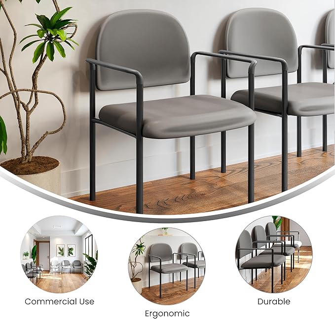 Flash Furniture Tiffany Side Reception Chair with Armrests, Stackable Vinyl Waiting Room Chair for Commercial or Residential Use, Gray