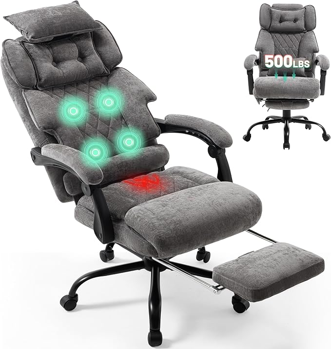 Massage Office Chair with Foot Rest,Kneading & Heat Executive Office Chairs for Heavy People,500LBS Big and Tall Office Chair,Ergonomic Reclining Desk Chair,Dual-Use Pillow,Home Office,GreyCloth