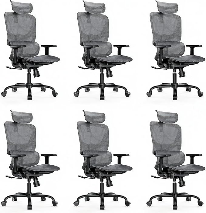HUANUO Ergonomic Mesh Office Chair with 5-Level Lumbar Support, Computer Gaming Chair with Adjustable Headrest & Armrests, Rocking Tilt, Comfortable High Back Desk Chair for Home Office,6 Pack