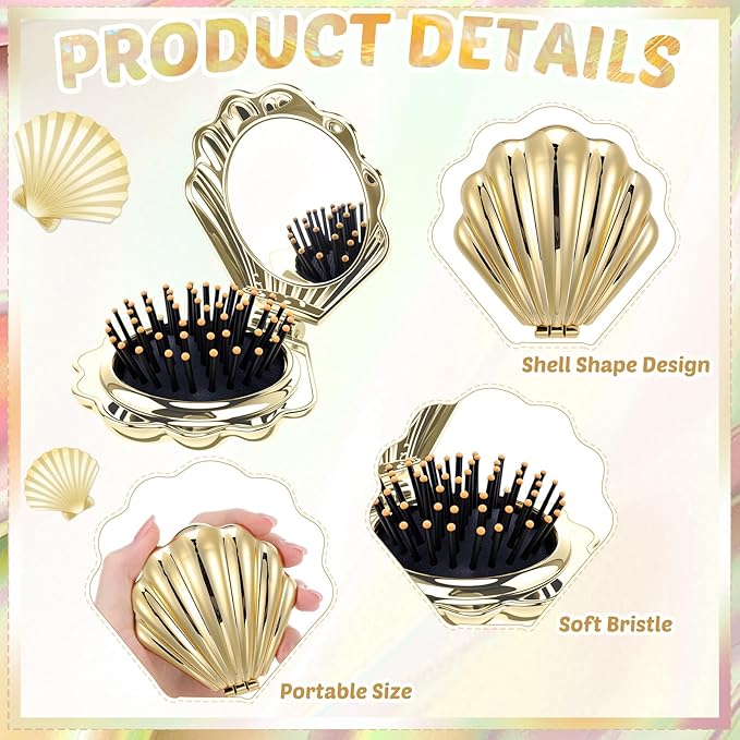Meanplan 12 Pcs Mermaid Party Favors Shell Hair Brush with Mirror Foldable Mini Travel Pocket Hair Brush Compact Makeup Comb for Women Girls Valentines Day Birthday Gifts(Gold)