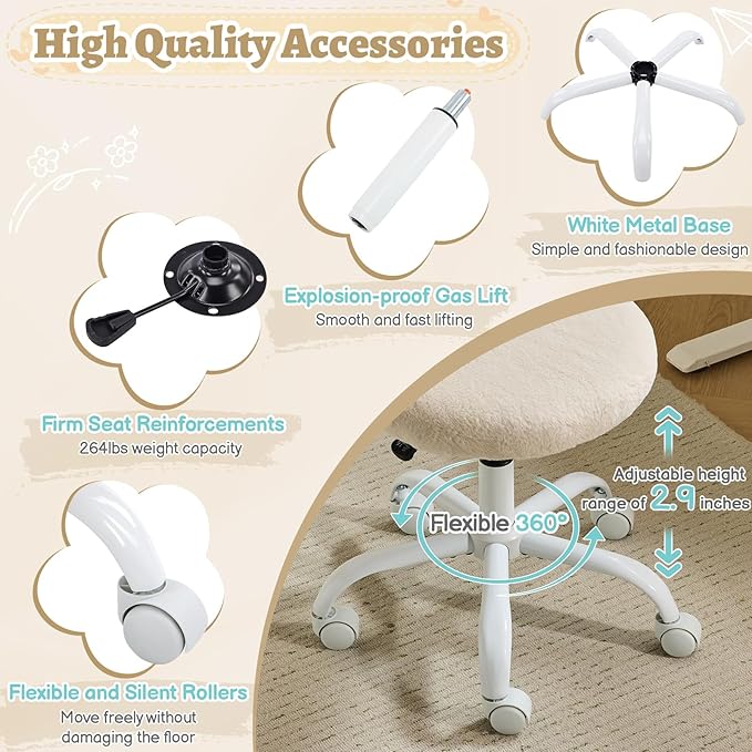 VINGLI Small Vanity Chair with Faux Fur Wheels for Girls,Cute Adjustable Height Armless Office Desk Chair,360°Swivel Comfy Rolling for Study,Make up Room,Small Space,Khaki
