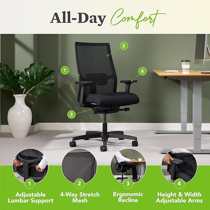 HON Ignition 2.0 Mid Back Task Chair, Spectrum Mesh, Advanced Synchro-Tilt Control, Office Chair with Lumbar Support, Height and Width Adjustable Arms, Black Frame, Bullseye