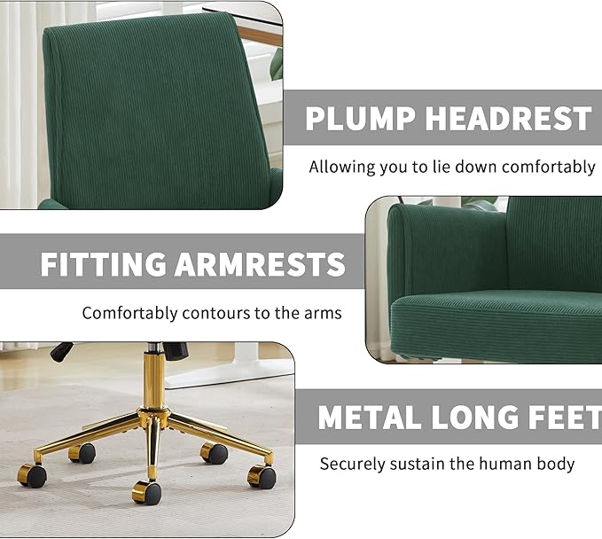 Striped Velvet Office Chair, 360° Swivel Ergonomic Task Chair with High Back, Gold Base and Wheels, Height Adjustable Modern Accent Chair for Home Office, Living Room, Study, Vanity Room (Green)