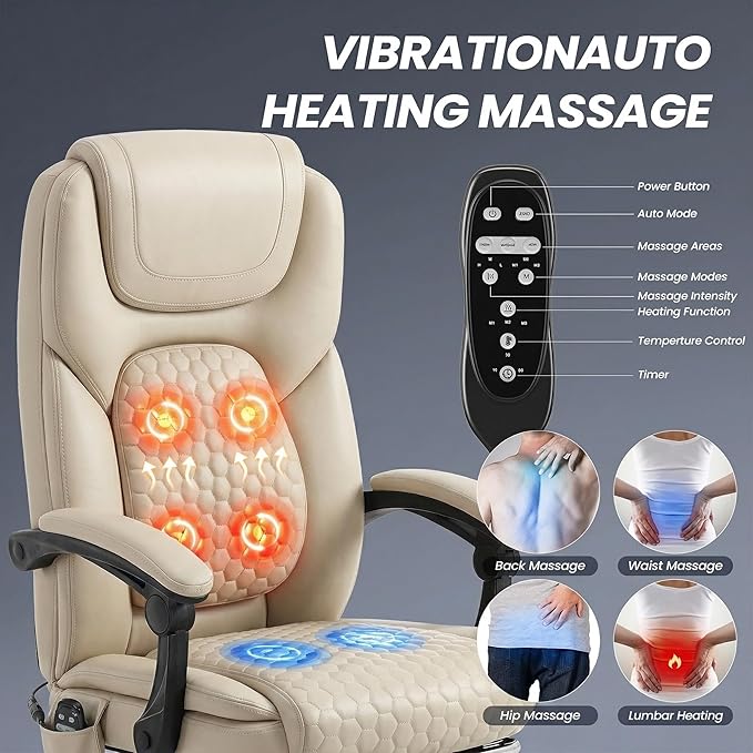 Massage Office Chair Set of 2 with 3-Level Heat and Footrest – 20-Min Easy Assembly, 300 lbs Big and Tall Desk Chair, PU Leather Ergonomic Executive Computer Chair with Side Pocket, Beige