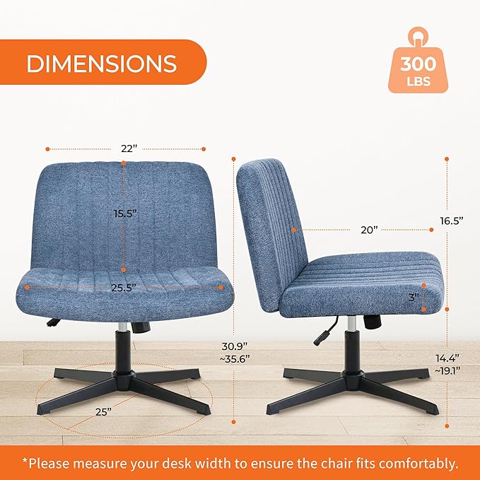 NEO Chair Criss Cross Chair No Wheels Armless Cross Legged Office Desk Wide Comfy Vanity Makeup Chair Adjustable Computer Task for Home Office Fabric (Blue)