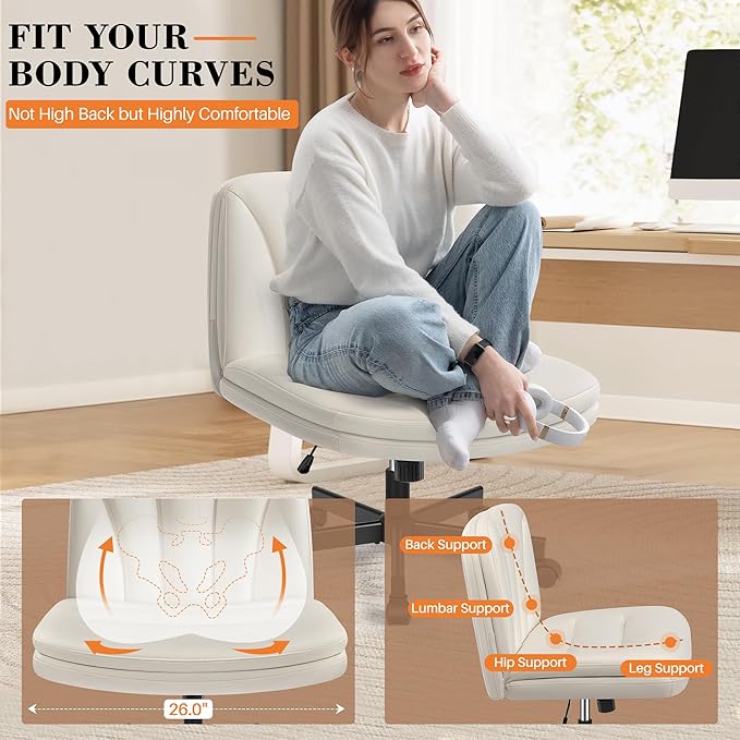 FelixKing Criss Cross Chair with Wheels, Cross Legged Office Chair, Armless Wide Vanity Desk Chair with Comfty PU Leather & Back - Swivel Height Ajustable for Home Office Bedroom, Pearl White
