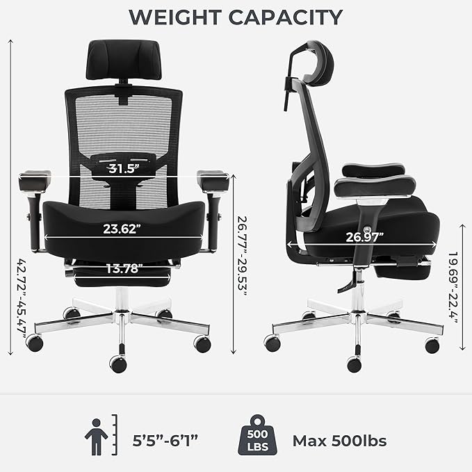 600lbs Big and Tall Office Chair,Oversized Ergonomic Breathable Mesh Desk Chair with W-Shape Thicken Seat Cushion,Computer Chair with Adjustable 4D Armrest,Lumbar Support Footrest Headrest