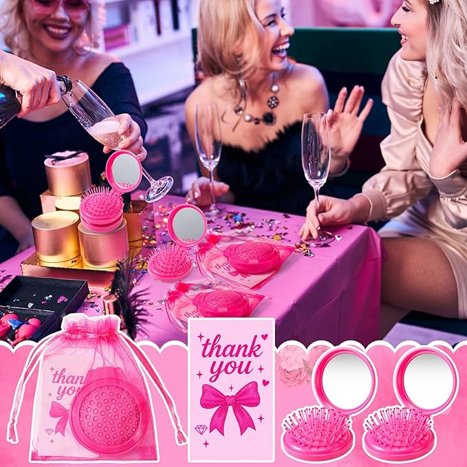 24 Sets Women's Day Gifts with Folding Travel Mirror Hair Brush with Organza Bags Cards Mini Round Mirror Pocket Brush for Girls Women Hot Pink Makeup Mother's Day Gifts
