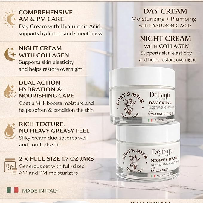 Delfanti-Milano • FULL SIZE DUO PACK • GOAT'S MILK with HYALURONIC ACID Day Cream and GOAT'S MILK with COLLAGEN Night Cream • Face and Neck Moisturizer • 2 x 1.7 oz jars • Made in Italy