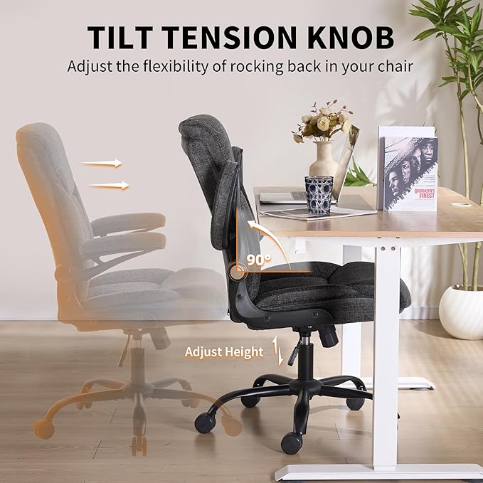 Home Office Ergonomic Desk Chair - Comfy Leather Executive Chair with Flip-Up Armrests, Lumbar Support, 360° Swivel & Rocking (Grey)