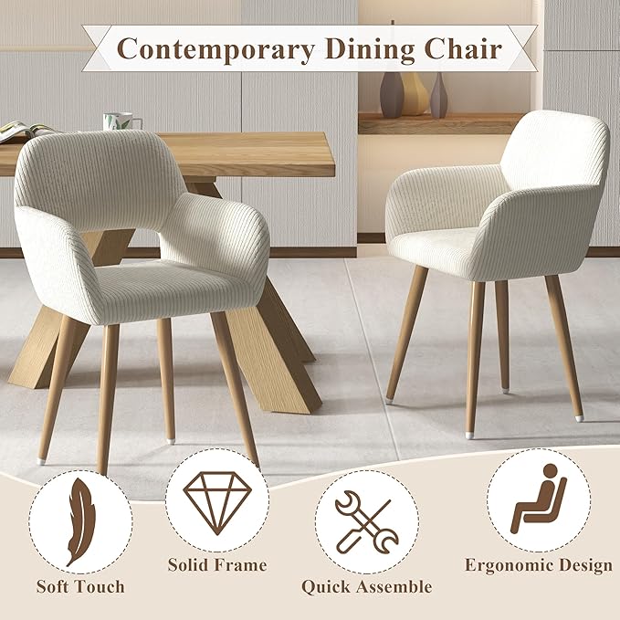 Home Office Desk Chair Set of 2, Corduroy Fabric Vanity Chair for Makeup with Hollow Backrest, Comfy Armchair Wood Frame with Strudy Metal Legs, Beige