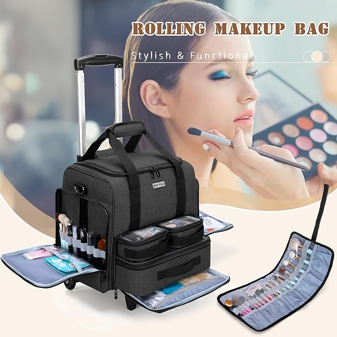 BAFASO Rolling Makeup Case with 3 Removable Pouches and 1 Makeup Brush Bag, Professional Makeup Train Case Cosmetic Bag with Detachable Dolly (Patented), Black