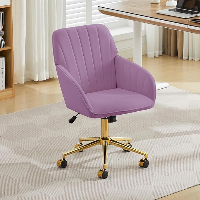 YITAI Velvet Office Desk Armchairs with Gold Base and Wheels,Modern Height Adjustable 360 Degree Swivel Upholstered Vanity Chairs for Living/Room Bedroom/Study,Light Purple
