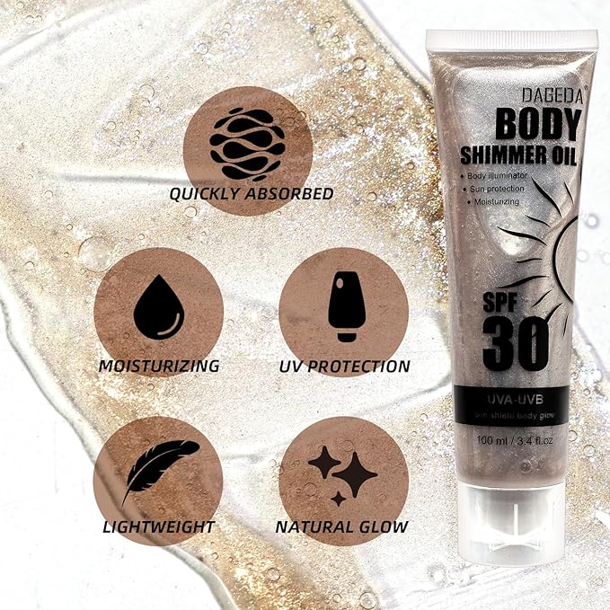 DAGEDA Body Glow Oil, SPF 30 Broad Spectrum Glitter Sunscreen, Lightweight, Non-sticky Sunscreen Body Shimmer, Sun Protection with Centella Asiatica Extract, UVA/UVB Protection, Bronze 3.4 fl.oz