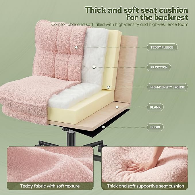 Criss Cross Chair with Wheels, 7" Extra Thick Cross Legged Office Chair, Height Adjustable Swivel Design for Home Office, Study & Vanity,Pink