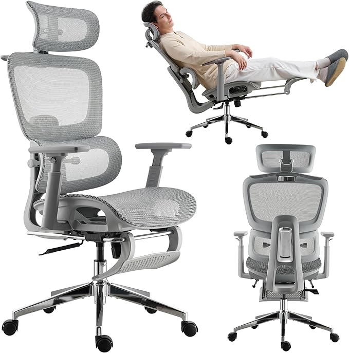 Mesh Ergonomic Office Chair with Footrest,High Back Mesh Gaming Chair with Lumbar Support,Adjustable Headrest and Armrests for Home Office Desk Chair (Modern, Grey)