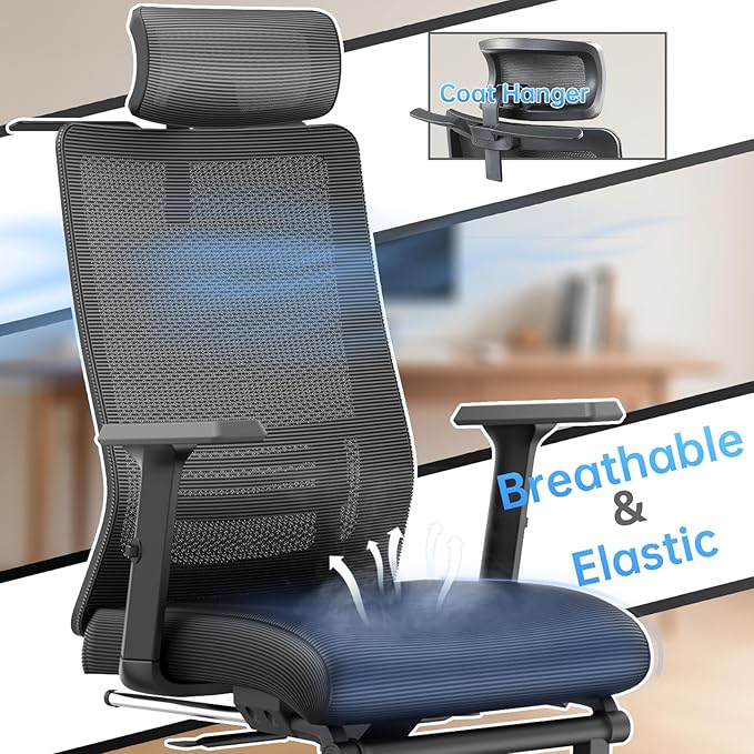 Ergonomic Office Chair with Footrest, 145° Reclining, Adjustable Lumbar & Headrest, 3D Armrests, Silent Casters, Heavy Duty Steel Base, 350 LB Capacity, Swivel Desk Chair for Home Office