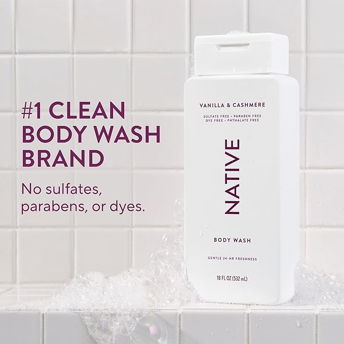 Native Body Wash Contains Naturally Derived Ingredients | For Women & Men, Sulfate, Paraben, & Dye Free Leaving Skin Soft and Hydrated |Vanilla & Cashmere 18 oz