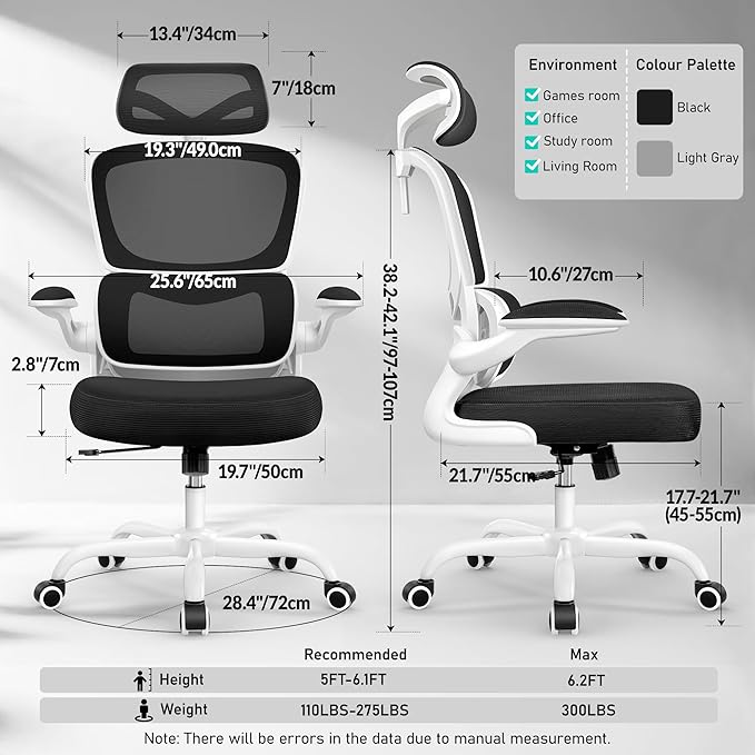 High Back Ergonomic Office Chair, Breathable Mesh Desk Chair with Lumbar Support, Adjustable Headrest, Flip-up Armrests, Computer Gaming Chair, (White, 1Pack)