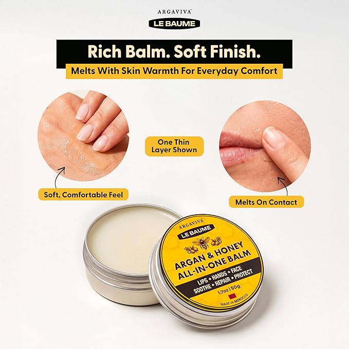 Le Baume French Lip Balm Lip Moisturizer in Tin, Moroccan Argan Oil and Honey, All-In-One Multi-Use Skin Balm for Chapped Lips Hands Face, Waterless, Non-Greasy, Travel Friendly, 1.7 Oz