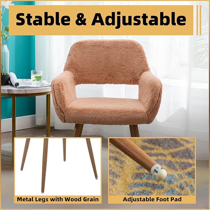 Furry Home Office Desk Chair, Faux Fur Vanity Chair with Hollow-Out Backrest, Comfy Armchair Wood Frame with Strudy Metal Legs, Camel