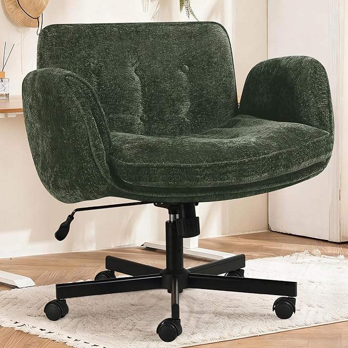 Criss Cross Chair with Wheels & Arms, Chenille Cross Legged Office Chair with 5-level Folding Armrest, Comfortable Adjustable Swivel Vanity Chair for Home, Make Up, Bed Room, Office, Accent (Green)