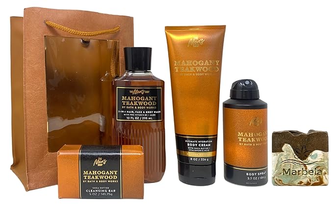 Bath & Body Works Men's Collection Mahogany Teakwood Gift Set - Body Cream - 3-in-1 Hair, Face & Body Wash - Body Spray and Cleansing Bar - with a Cabin Spice Bar Soap